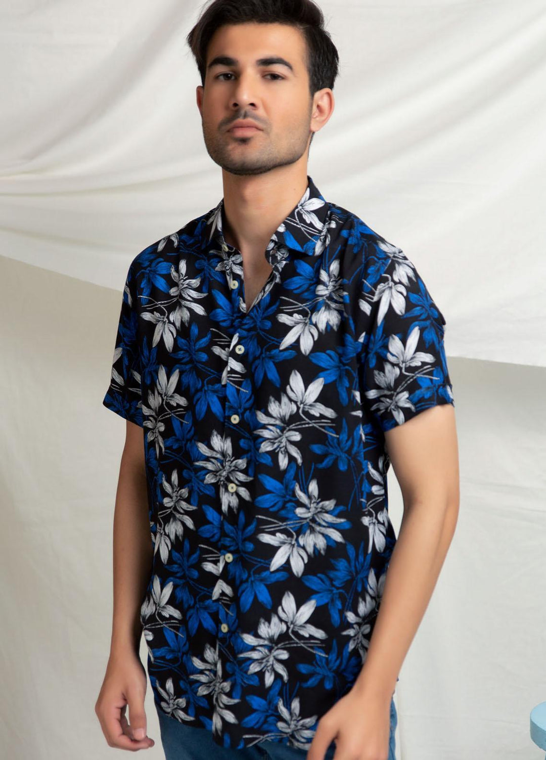 Brumano Cotton  Shirts for Men -  Black & Blue Viscose Printed Half Sleeve Shirt BRM-1459