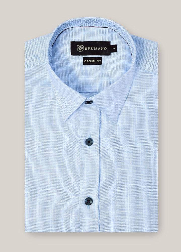 Brumano Cotton  Shirts for Men -  Blue Slub Structured Shirt With Beige Elbow Patch BRM-1388