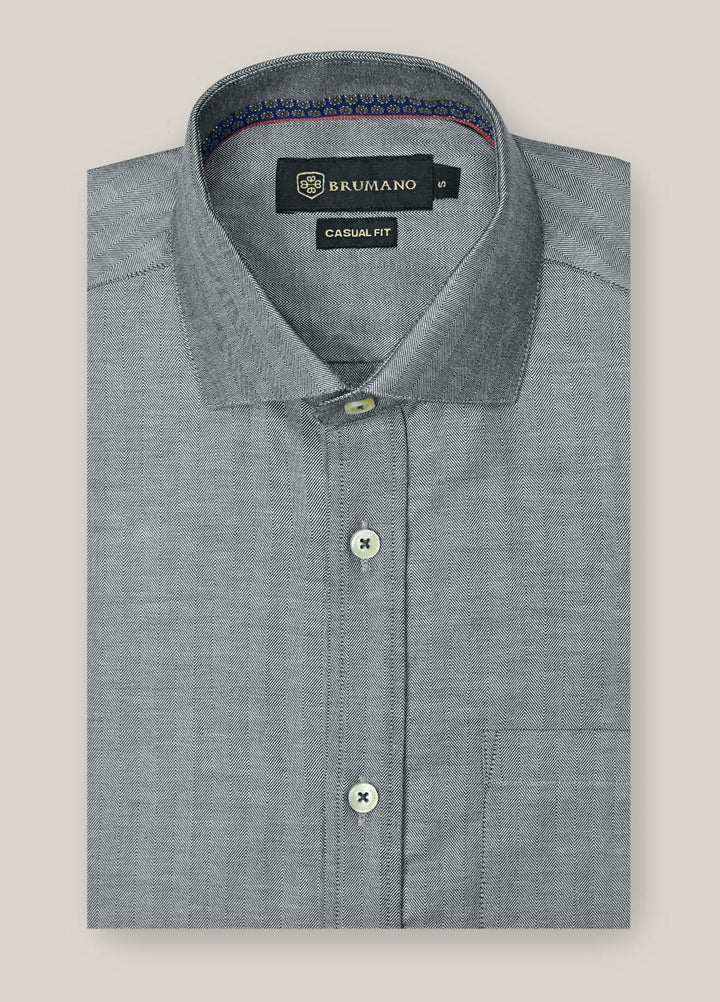 Brumano Cotton  Shirts for Men -  Grey Herringbone Pattern Formal Shirt BRM-1413