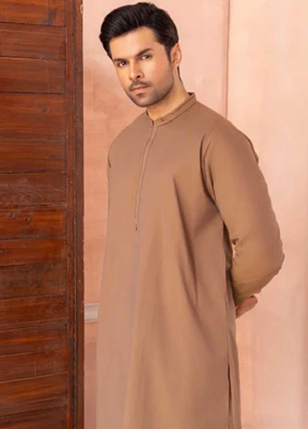 Buraq Pret Plain Wash N Wear Kurta Shalwar Camel Brown