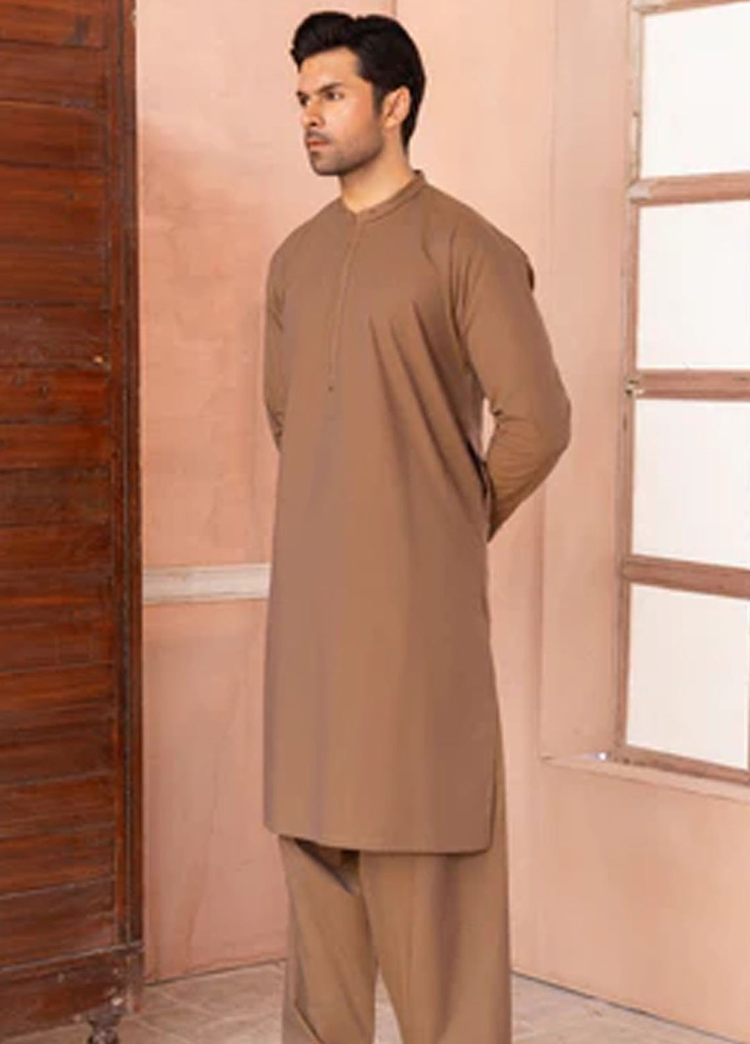 Buraq Pret Plain Wash N Wear Kurta Shalwar Camel Brown