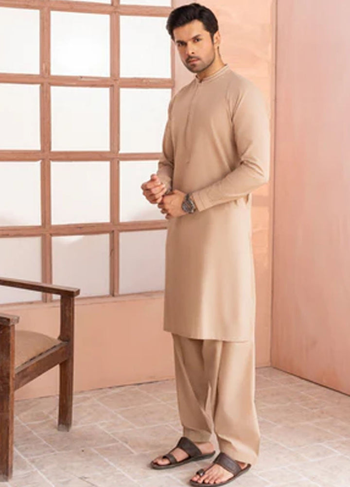 Buraq Pret Plain Wash N Wear Kurta Shalwar Camel