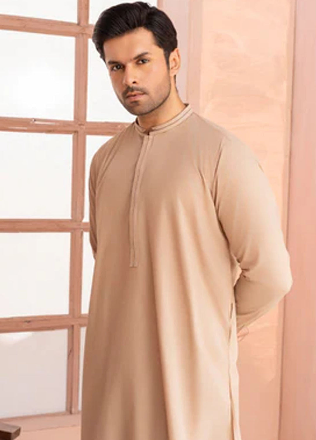 Buraq Pret Plain Wash N Wear Kurta Shalwar Camel