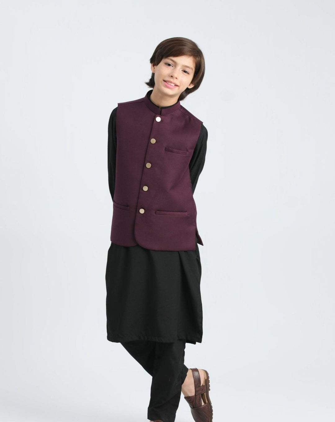 Muraqsh Ready To Wear Solids Cotton Boys Black Kurta Trouser with Burgundy Suiting Waistcoat MURP - Summer Collection