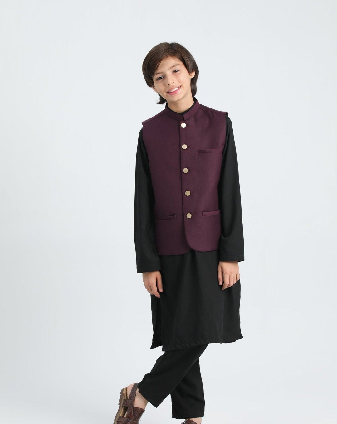 Muraqsh Ready To Wear Solids Cotton Boys Black Kurta Trouser with Burgundy Suiting Waistcoat MURP - Summer Collection