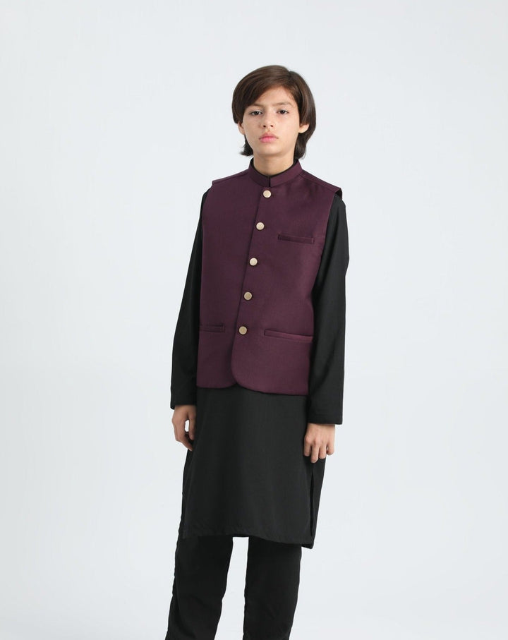 Muraqsh Ready To Wear Solids Cotton Boys Black Kurta Trouser with Burgundy Suiting Waistcoat MURP - Summer Collection
