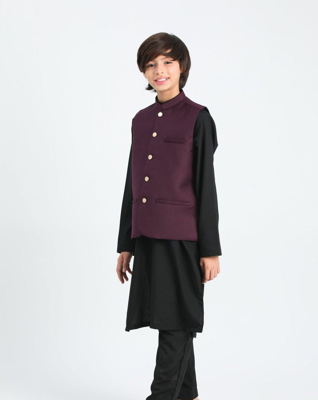 Muraqsh Ready To Wear Solids Cotton Boys Black Kurta Trouser with Burgundy Suiting Waistcoat MURP - Summer Collection