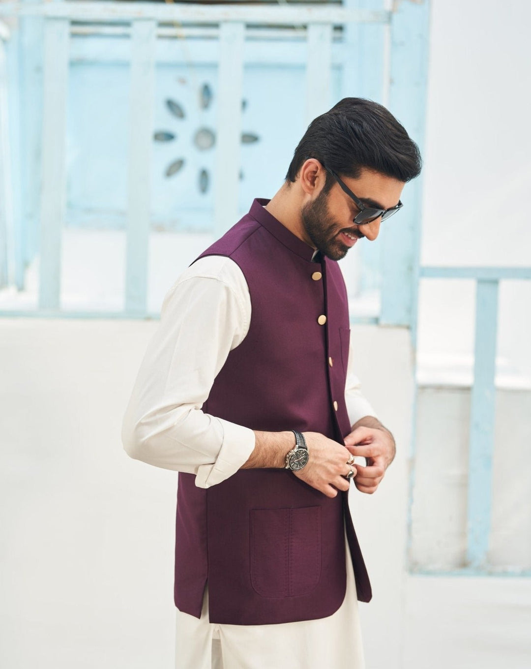 Muraqsh Ready To Wear Solids Cotton Men Off White Kameez Shalwar with Burgundy Suiting Waistcoat Round Cut MURP-BO-KS - Summer Collection