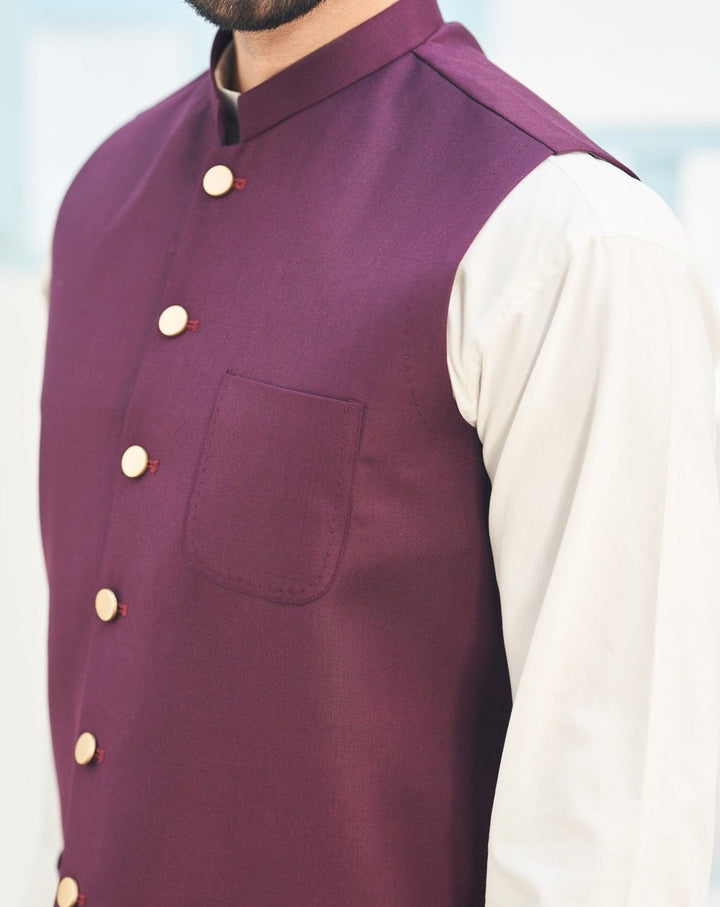 Muraqsh Ready To Wear Solids Cotton Men Off White Kameez Shalwar with Burgundy Suiting Waistcoat Round Cut MURP-BO-KS - Summer Collection