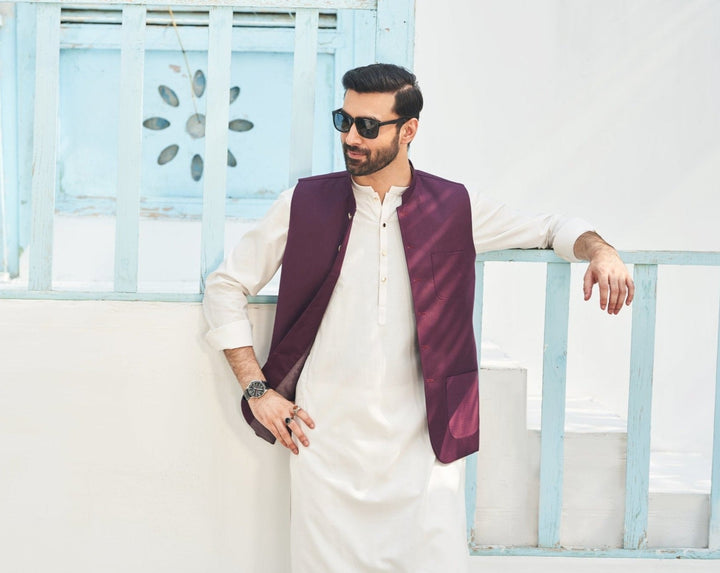 Muraqsh Ready To Wear Solids Cotton Men Off White Kameez Shalwar with Burgundy Suiting Waistcoat Round Cut MURP-BO-KS - Summer Collection