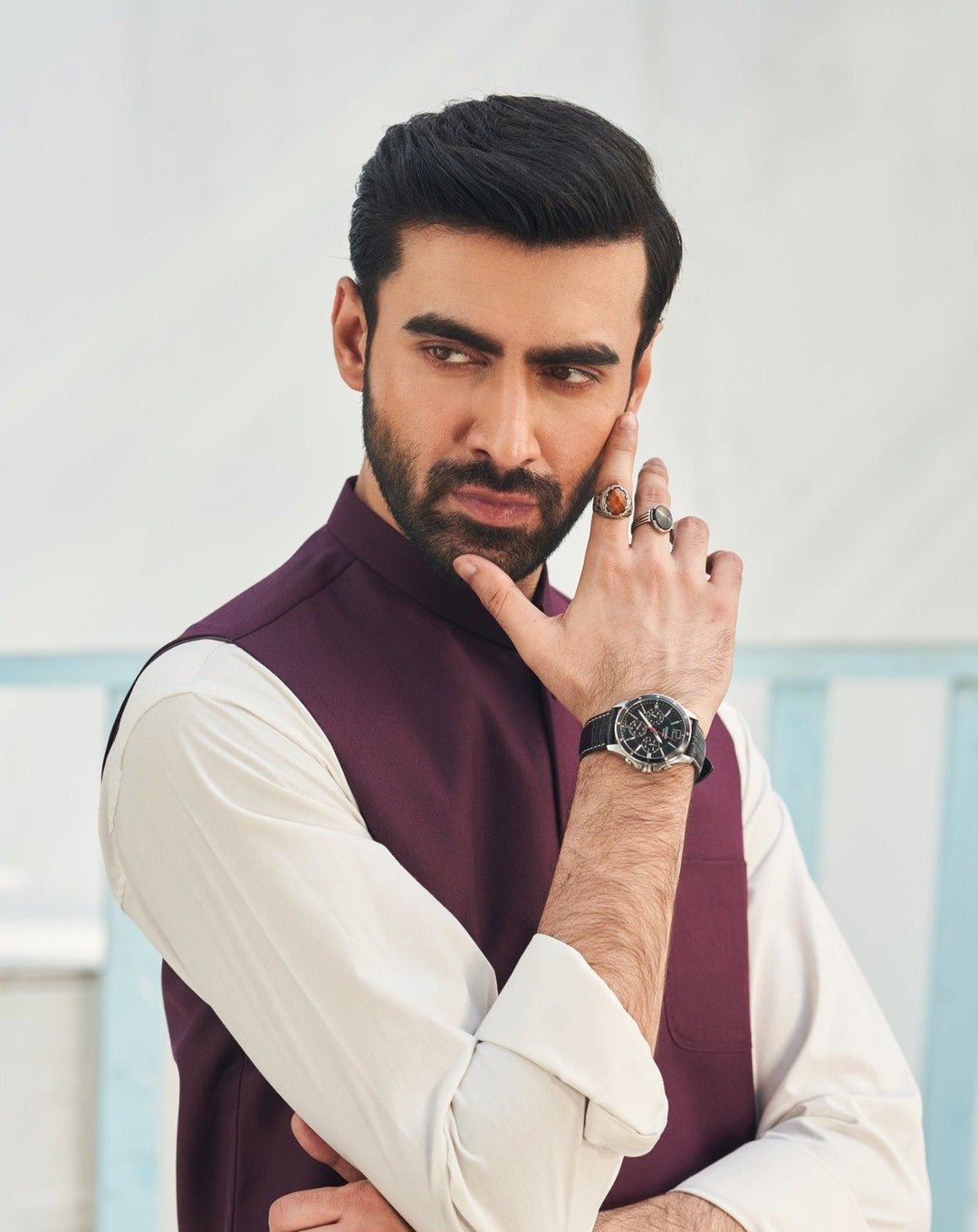 Muraqsh Ready To Wear Solids Cotton Men Off White Kameez Shalwar with Burgundy Suiting Waistcoat Round Cut MURP-BO-KS - Summer Collection