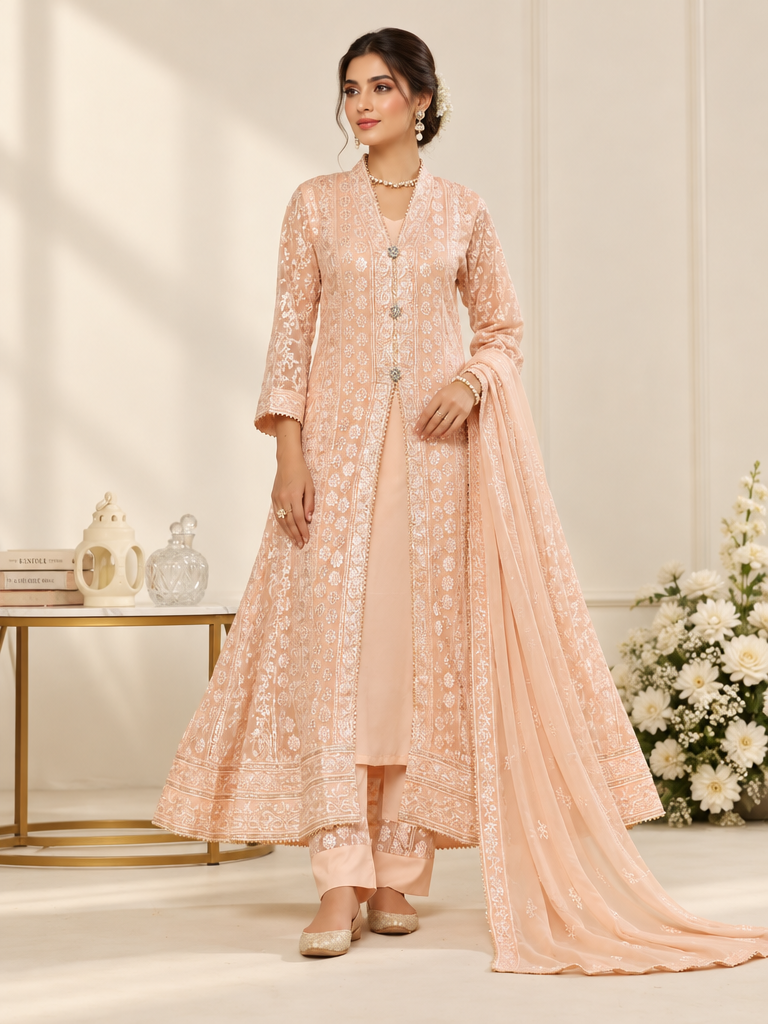 Rasm e Henna by Al Siyaab RTW Embroidered Chiffon 3 Piece Suit Noor e Nazakat Peach - Festive Collection