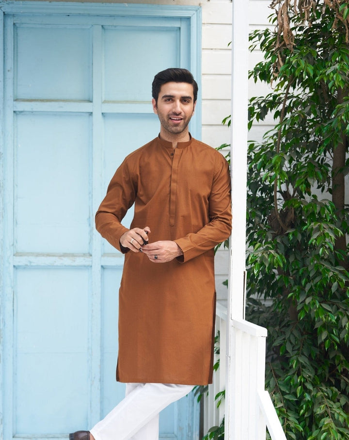 Muraqsh Ready To Wear Solids  Men Camel Cotton Kurta Trouser MUR-CCKWT-KUR - Summer Collection