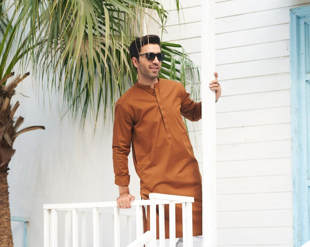 Muraqsh Ready To Wear Solids  Men Camel Cotton Kurta Trouser MUR-CCKWT-KUR - Summer Collection