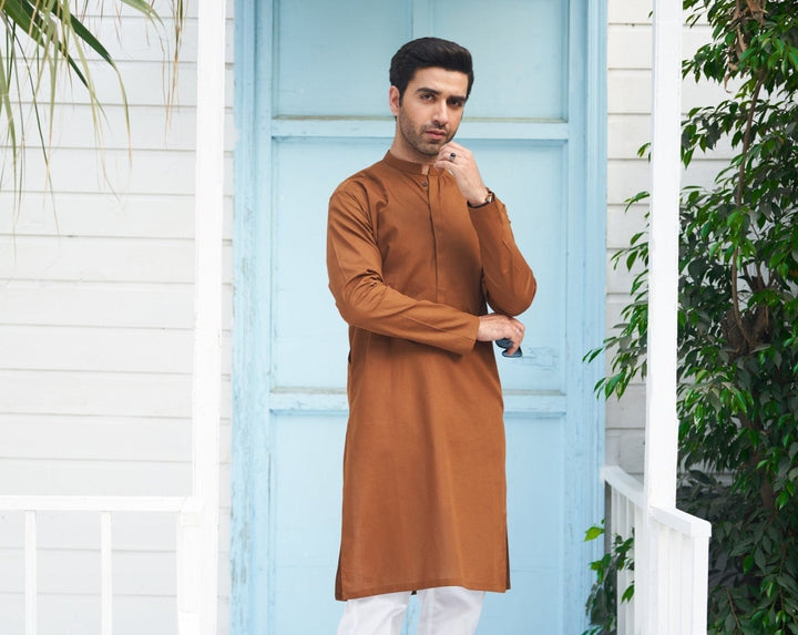 Muraqsh Ready To Wear Solids  Men Camel Cotton Kurta Trouser MUR-CCKWT-KUR - Summer Collection