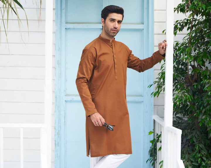 Muraqsh Ready To Wear Solids  Men Camel Cotton Kurta Trouser MUR-CCKWT-KUR - Summer Collection