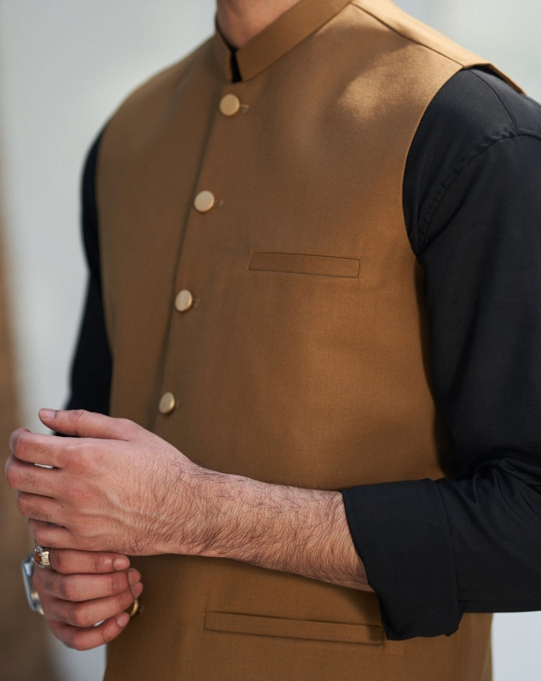 Muraqsh Ready To Wear Solids Cotton Men Camel Suiting Waistcoat Round Cut MUR-CW - Summer Collection