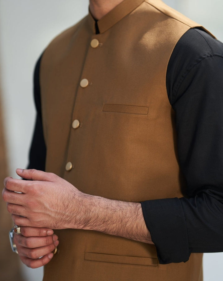 Muraqsh Ready To Wear Solids Cotton Men Camel Suiting Waistcoat Round Cut MUR-CW - Summer Collection