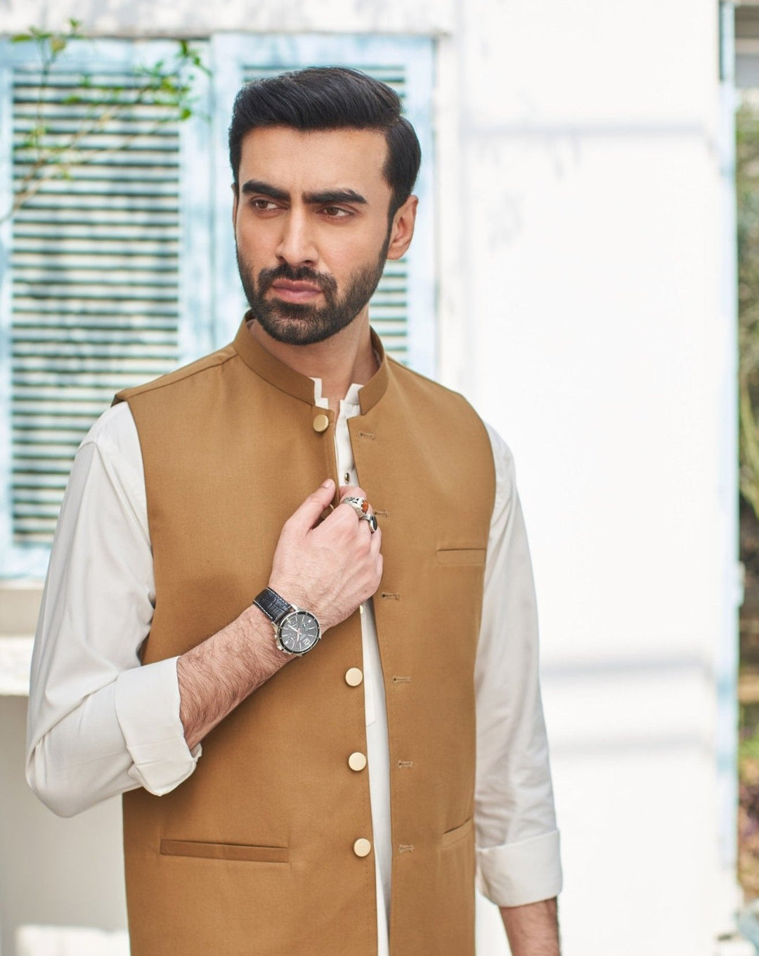 Muraqsh Ready To Wear Solids Cotton Men Camel Suiting Waistcoat Round Cut MUR-CW - Summer Collection