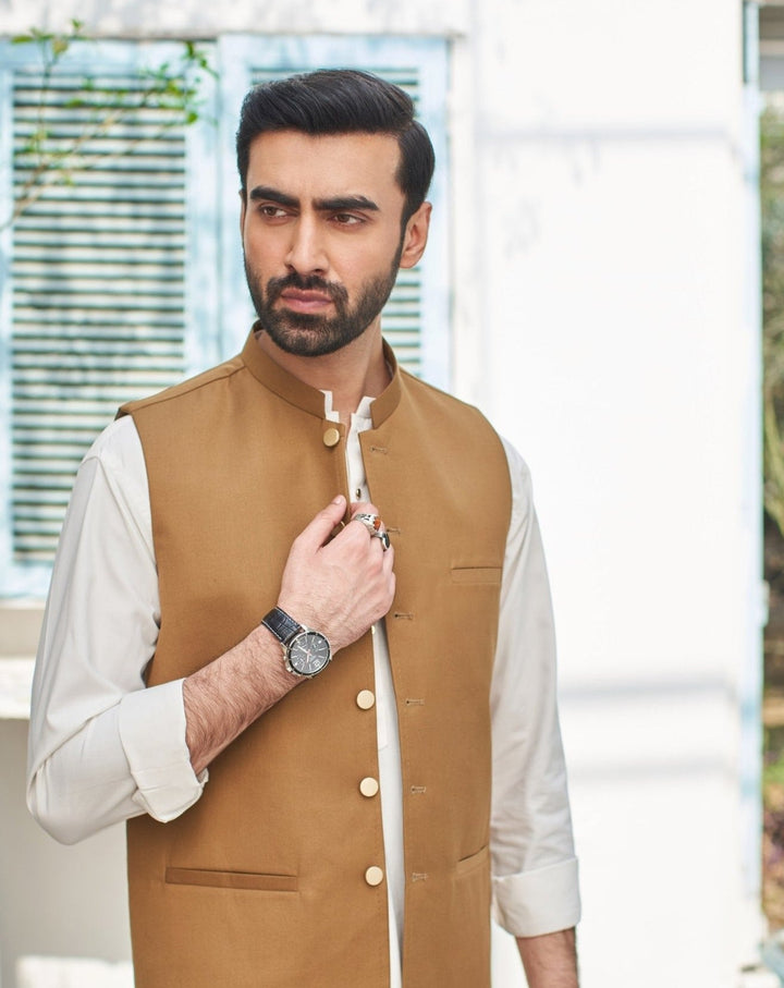 Muraqsh Ready To Wear Solids Cotton Men Camel Suiting Waistcoat Round Cut MUR-CW - Summer Collection