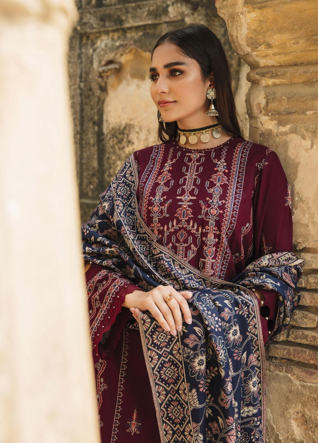 Carvaan By Humdum Embroidered Woolen Suits Unstitched 3 Piece HD23WS 08 - Winter Collection