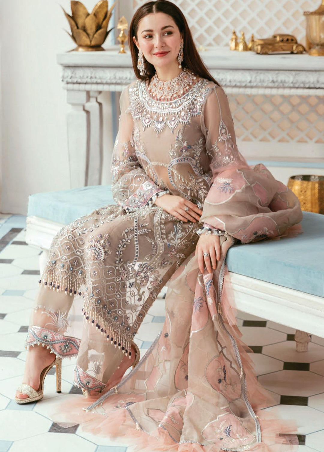 Celebrations by Elaf Embroidered Organza Suits Unstitched 3 Piece EF22C ECC-6 Mona Lisa - Luxury Collection