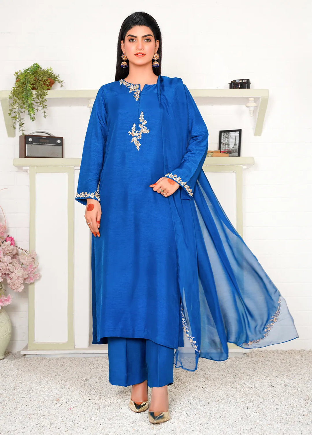 Celeste by Hadia Batool Pret Embroidered Raw Silk 3 Piece Suit Janet Blue