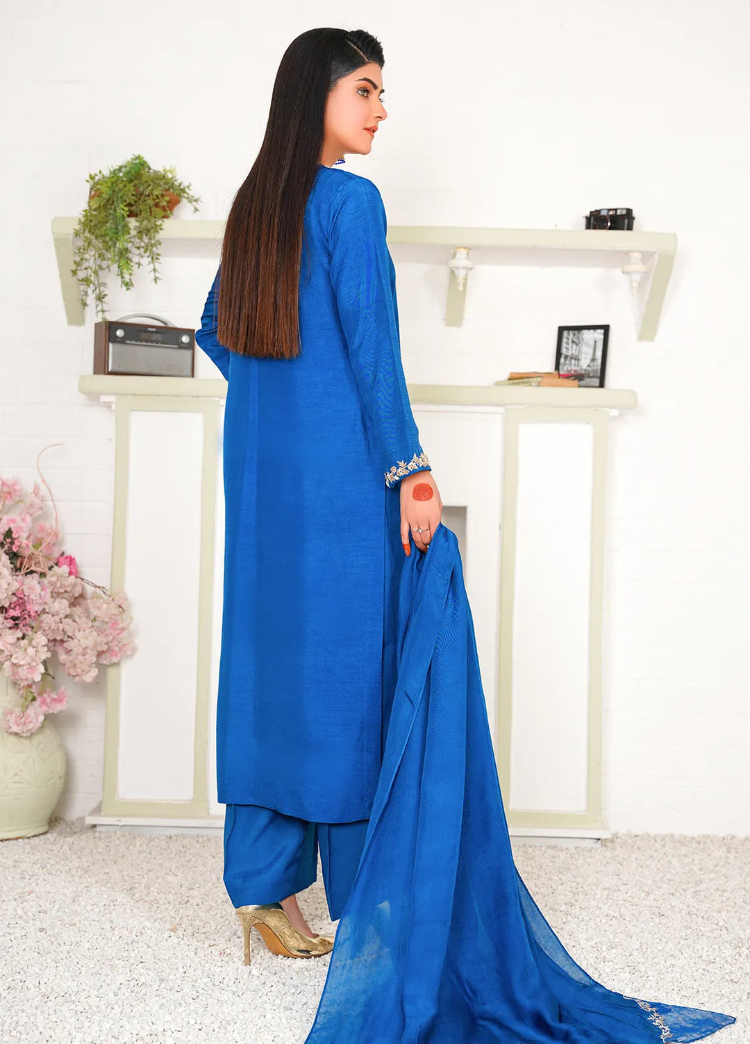 Celeste by Hadia Batool Pret Embroidered Raw Silk 3 Piece Suit Janet Blue