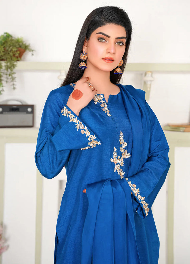 Celeste by Hadia Batool Pret Embroidered Raw Silk 3 Piece Suit Janet Blue