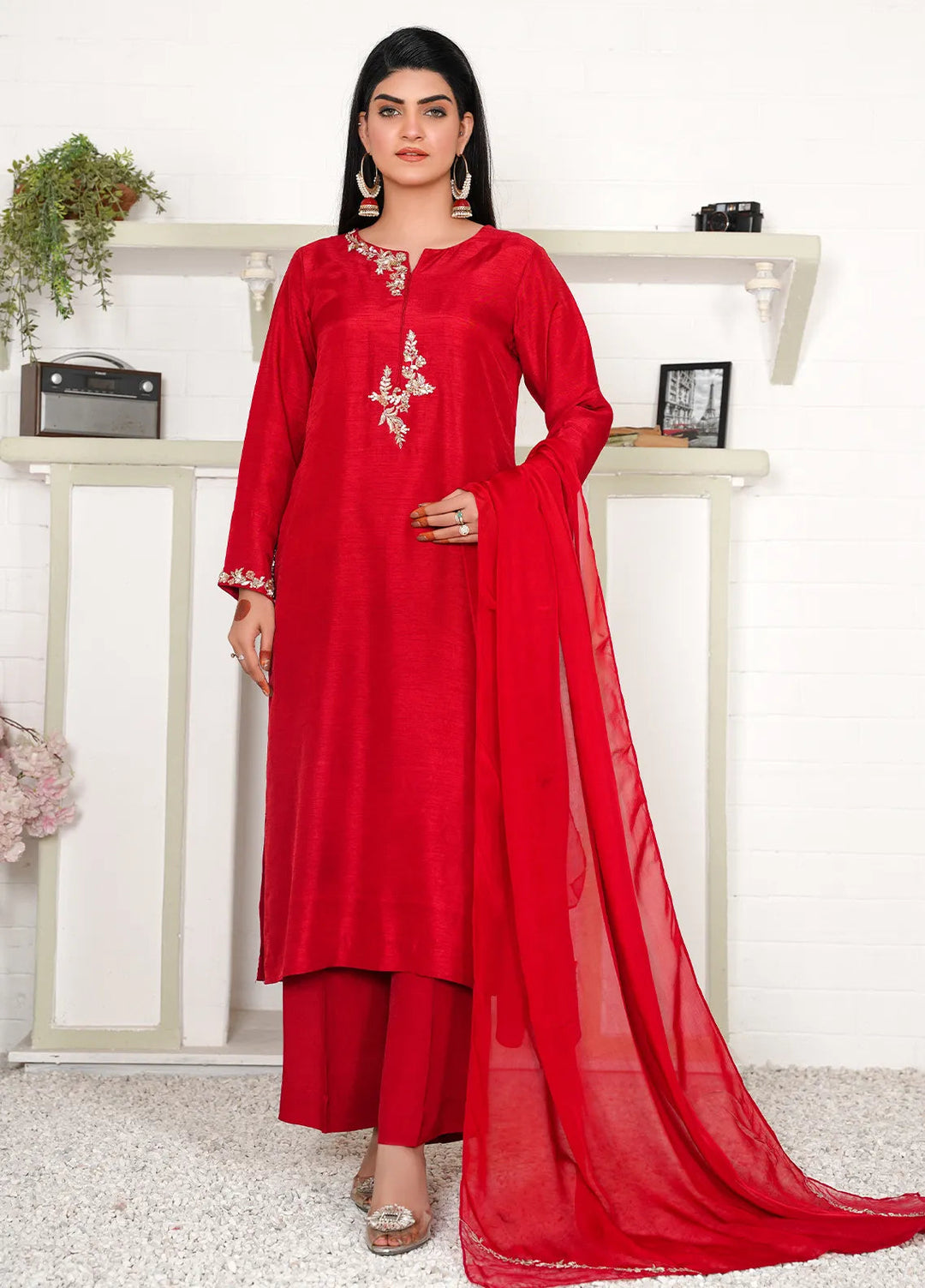 Celeste by Hadia Batool Pret Embroidered Raw Silk 3 Piece Suit Red Rouge