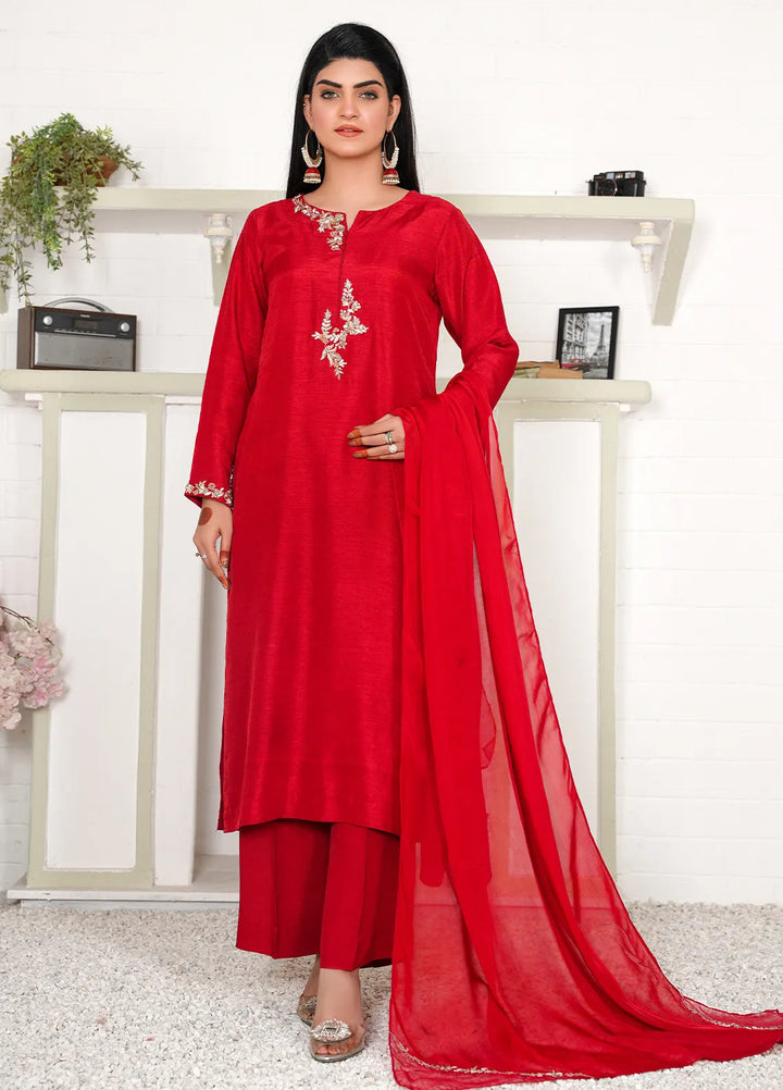 Celeste by Hadia Batool Pret Embroidered Raw Silk 3 Piece Suit Red Rouge