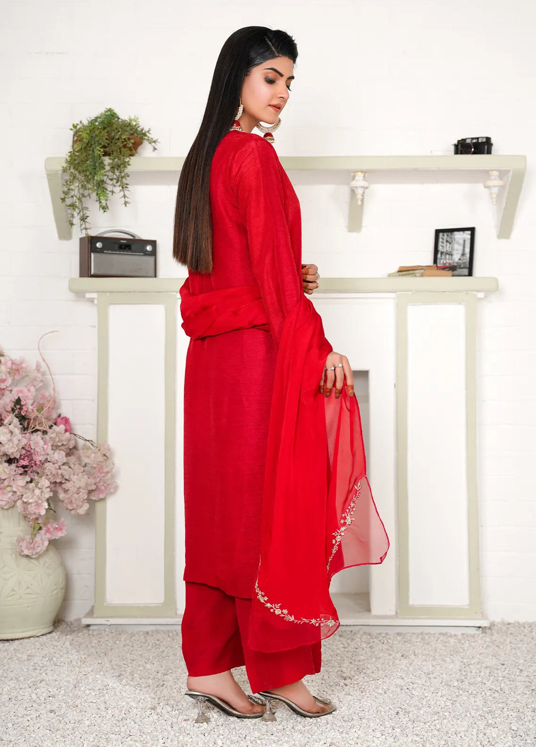 Celeste by Hadia Batool Pret Embroidered Raw Silk 3 Piece Suit Red Rouge