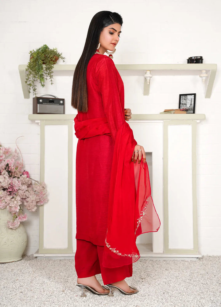 Celeste by Hadia Batool Pret Embroidered Raw Silk 3 Piece Suit Red Rouge