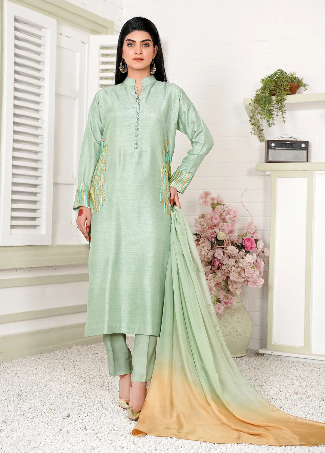 Celeste by Hadia Batool Pret Embroidered Raw Silk 3 Piece Suit Serene