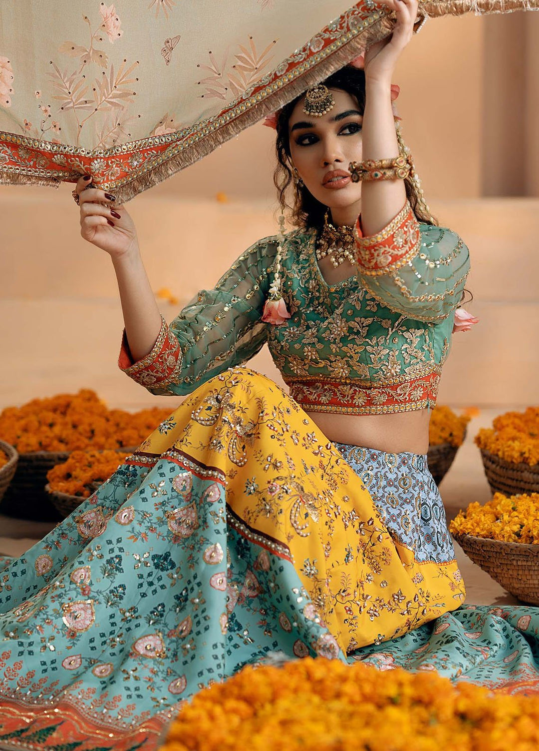 Chamak Dhamak by Fozia Khalid Pret Embelished Organza Lahenga FK-9004 Shagun