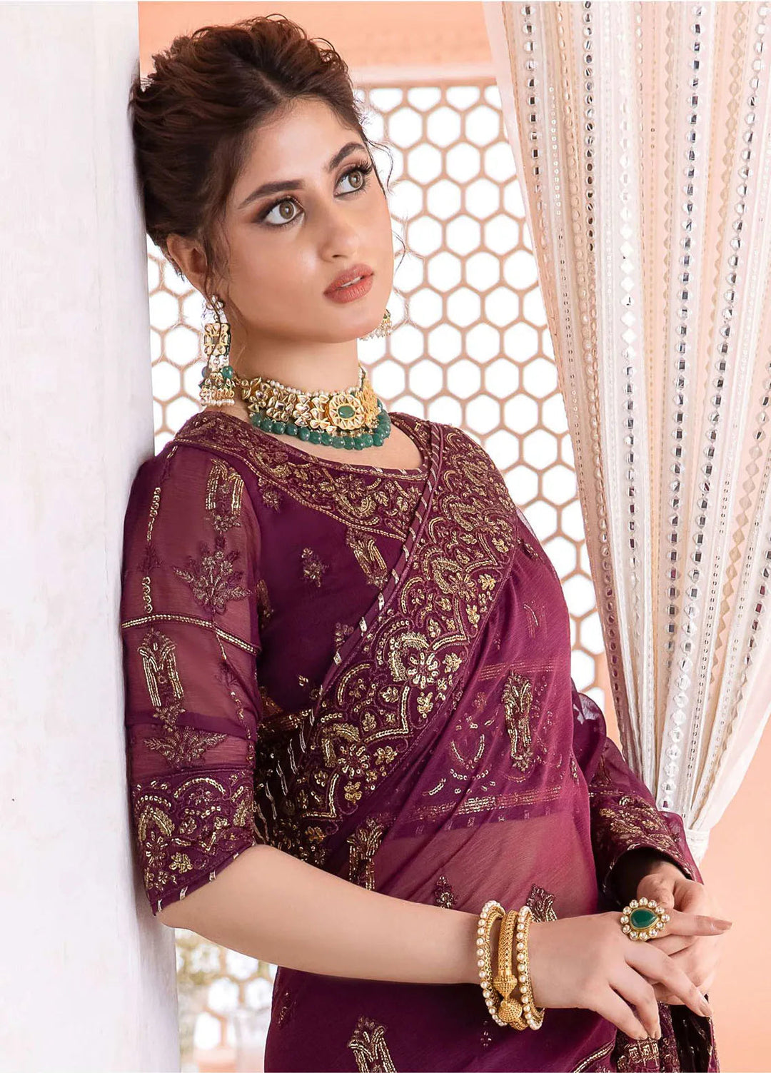 Chandni By Asim Jofa Embroidered Chiffon Saree Unstitched AJ23CH AJCC-05 - Luxury Collection