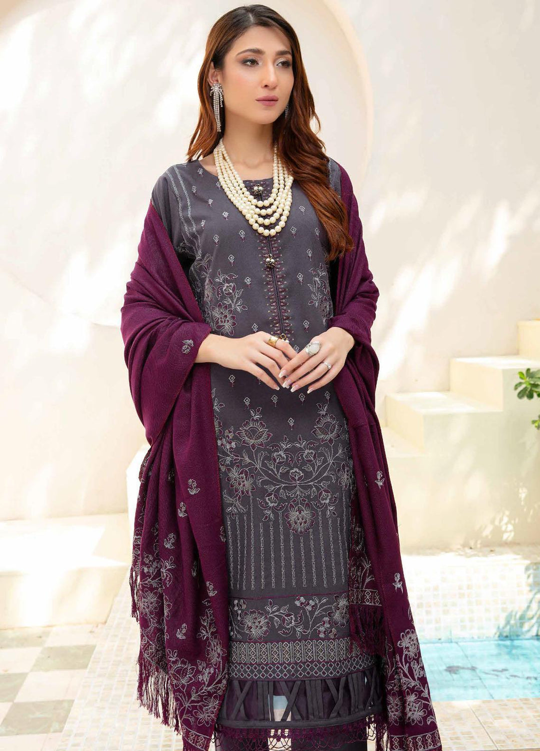 Chantilly De Lace By Aalaya Embroidered Dhanak Suits Unstitched 3 Piece ALY23CDL-V1 D-07 - Winter Collection