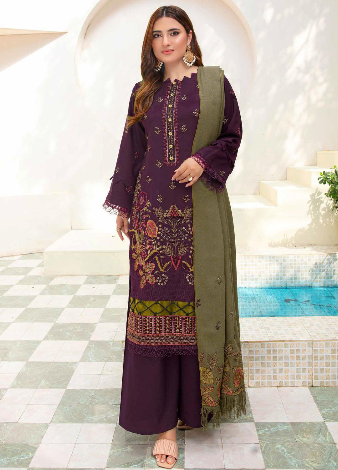 Chantilly De Lace By Aalaya Embroidered Dhanak Suits Unstitched 3 Piece ALY23CDL-V1 D-10 - Winter Collection
