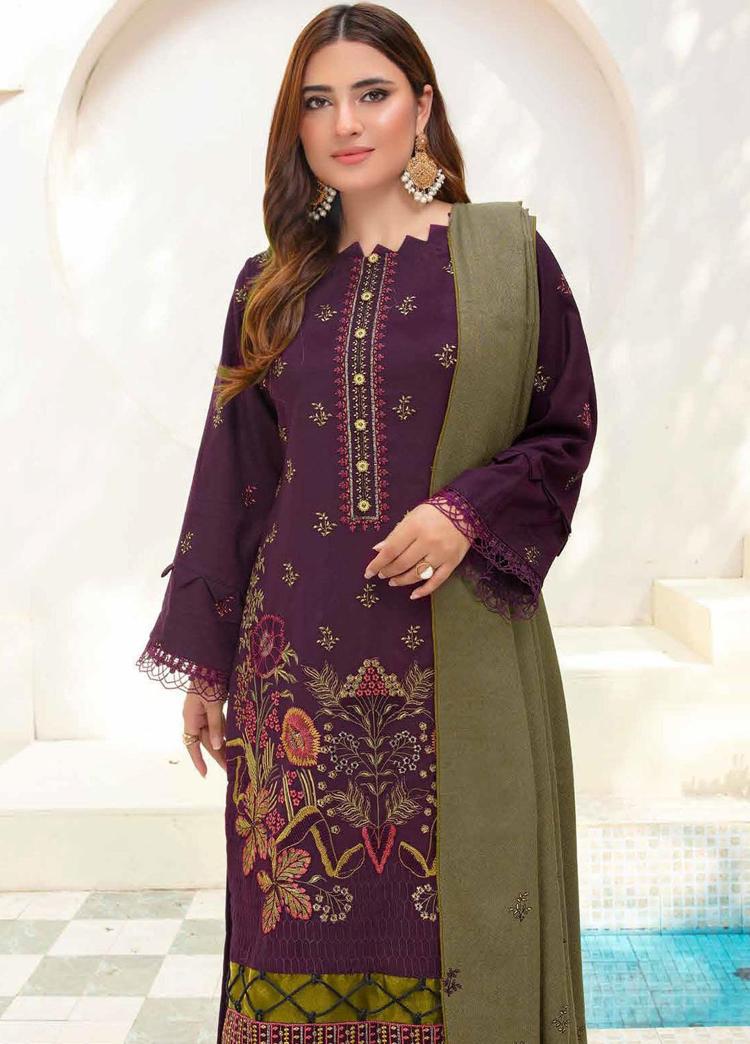 Chantilly De Lace By Aalaya Embroidered Dhanak Suits Unstitched 3 Piece ALY23CDL-V1 D-10 - Winter Collection