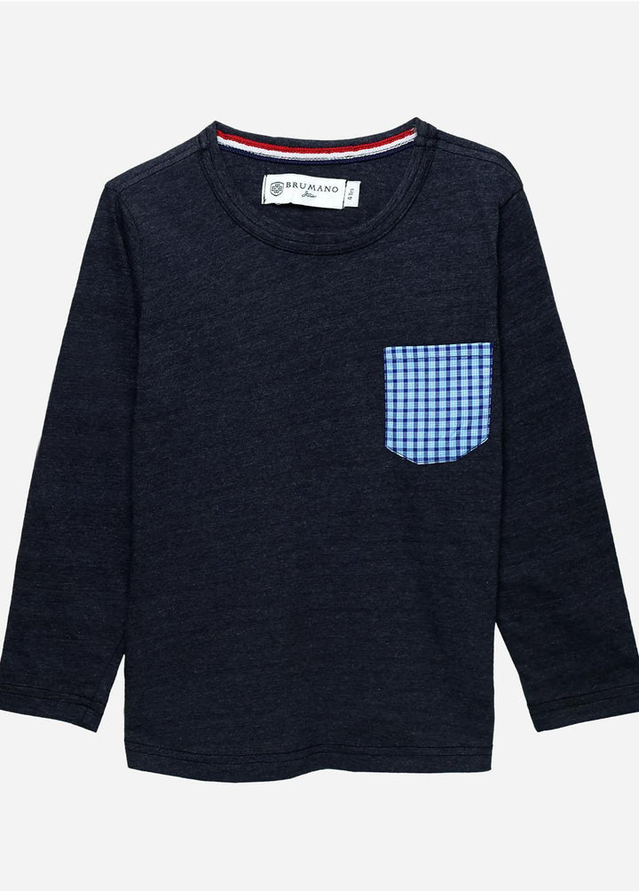Brumano Cotton Casual T-Shirts for Boys -  Charcoal Full Sleeve T-Shirt With Contrasting Pocket - Junior