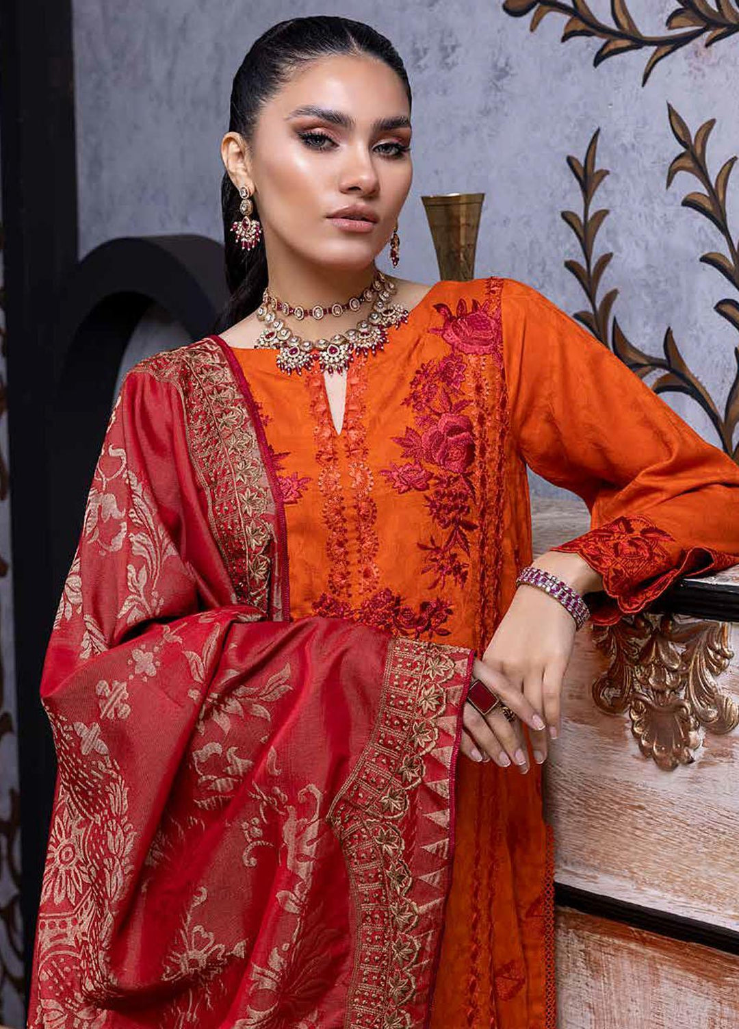 Charizma Embroidered Leather Peach Suits Unstitched 3 Piece CRZ22LW CJW-05 - Winter Collection