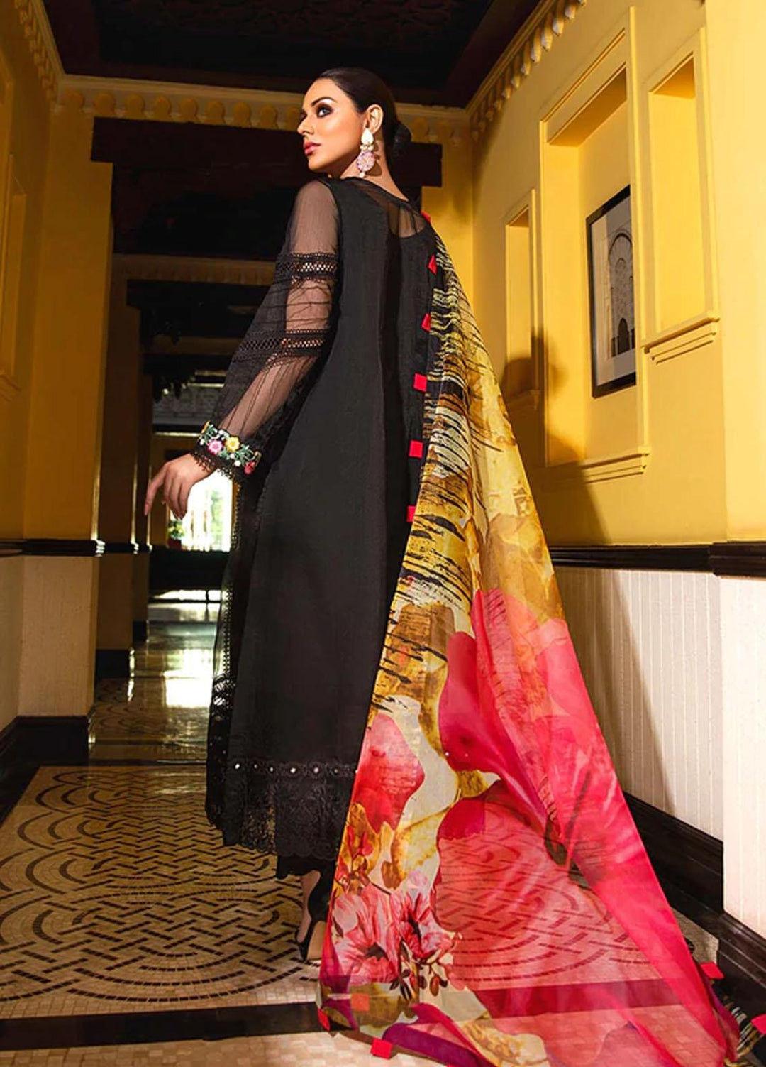 Charizma Luxury Pret  Organza 3 Piece Roseman Black OMT21-41