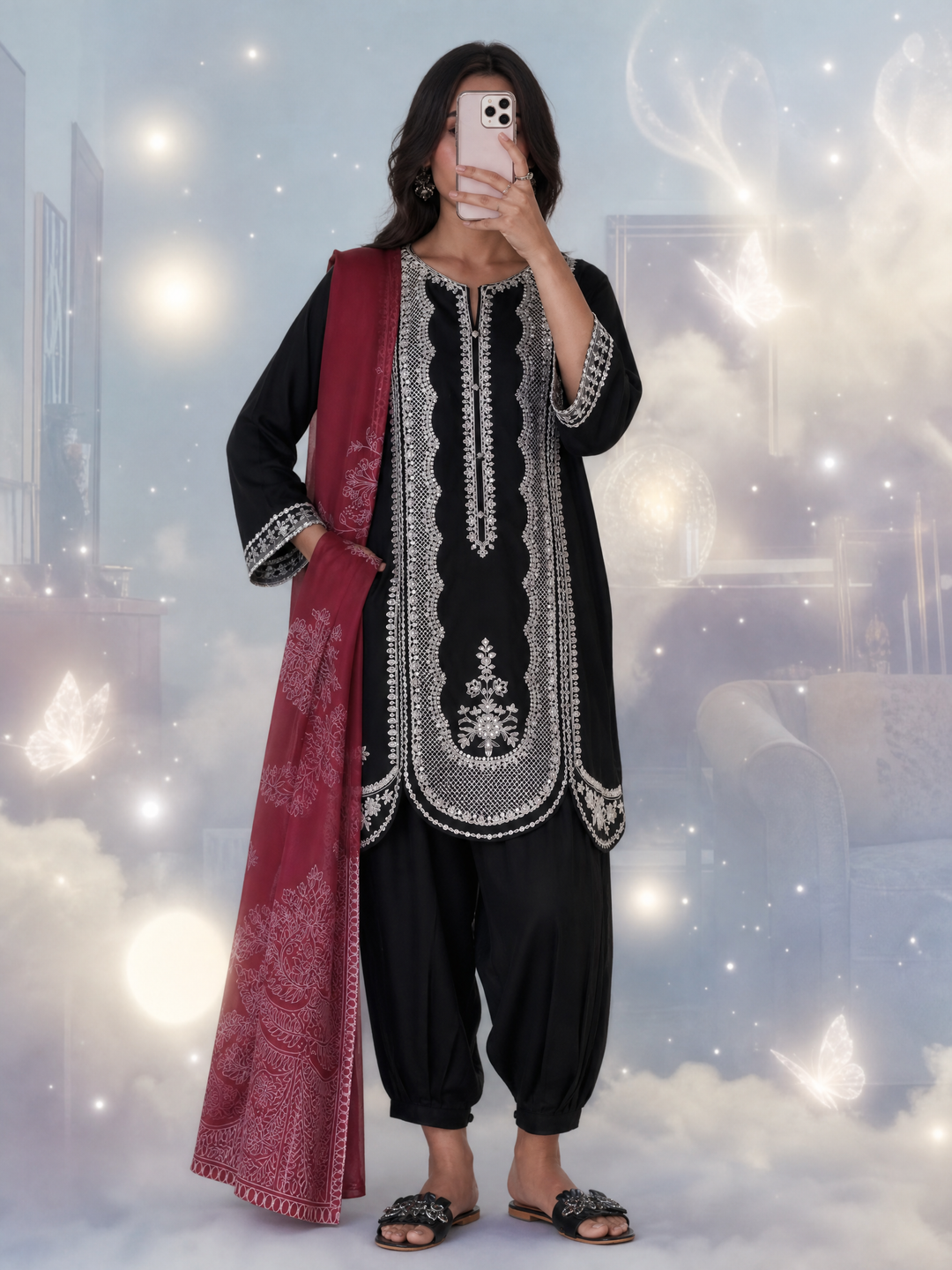 Summer Travels by Casuallite RTW Embroidered Cotton Lawn 3 Piece Suit CL26ULST OUFIT 03 NOIR GRACE - Casual Collection
