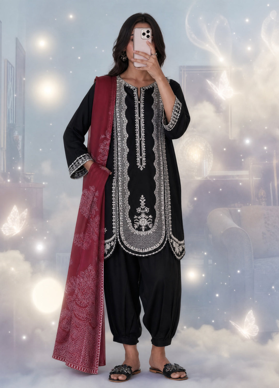 Summer Travels by Casuallite RTW Embroidered Cotton Lawn 3 Piece Suit CL26ULST OUFIT 03 NOIR GRACE - Casual Collection