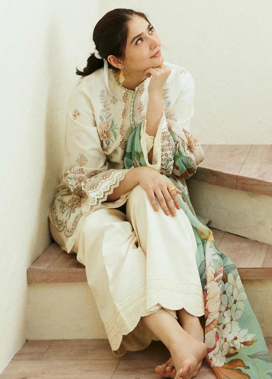 Coco By Zara Shahjahan Embroidered Lawn Suit Unstitched 3 Piece CZS24E D-10 Ivory - Festive Collection
