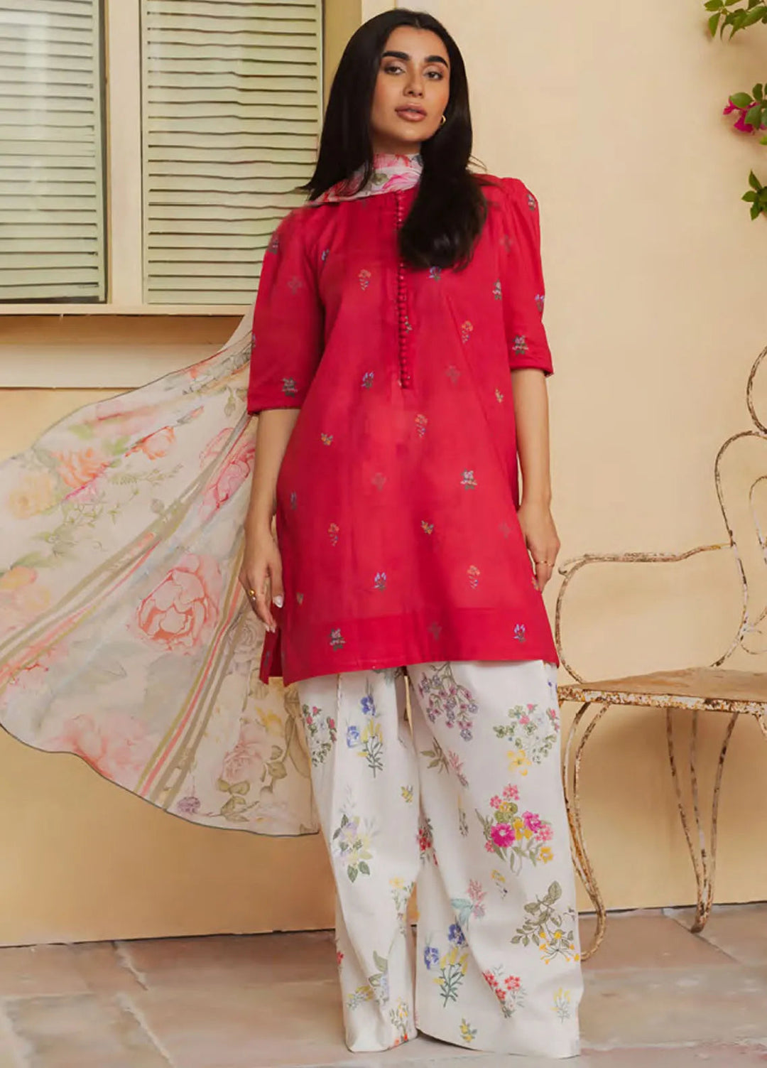 Coco By Zara Shahjahan Embroidered Lawn Suit Unstitched 3 Piece CZS24UL D-02 Coco Cherry - Summer Collection