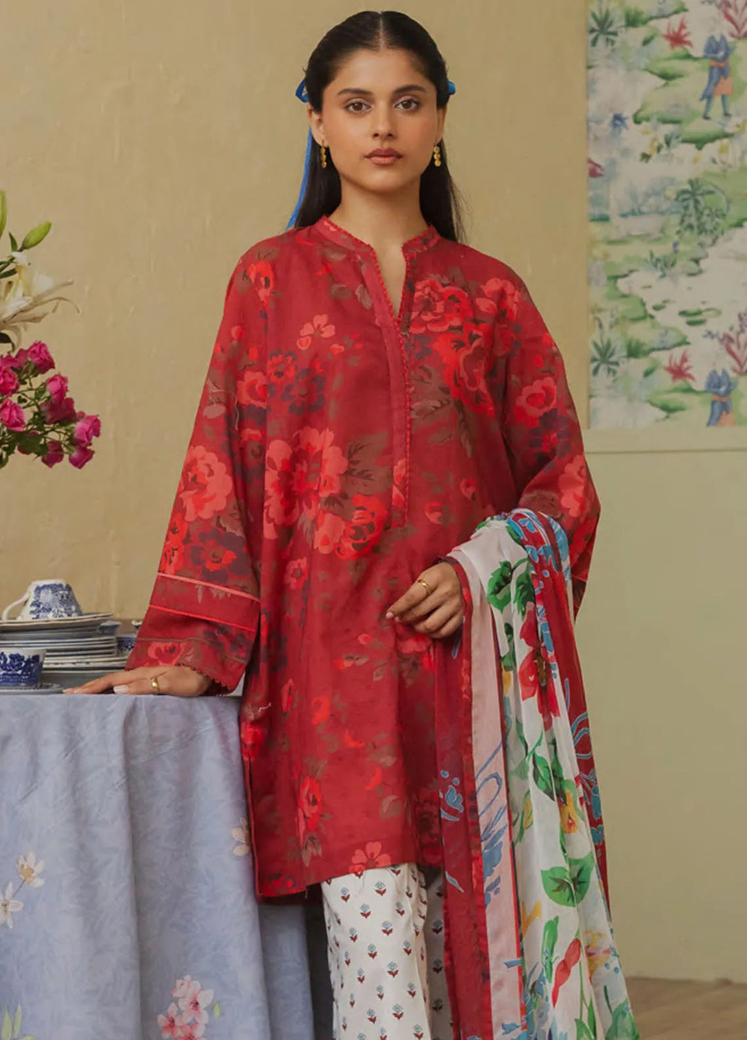 Coco By Zara Shahjahan Embroidered Lawn Suit Unstitched 3 Piece CZS24UL D-09 Pomegranate - Summer Collection