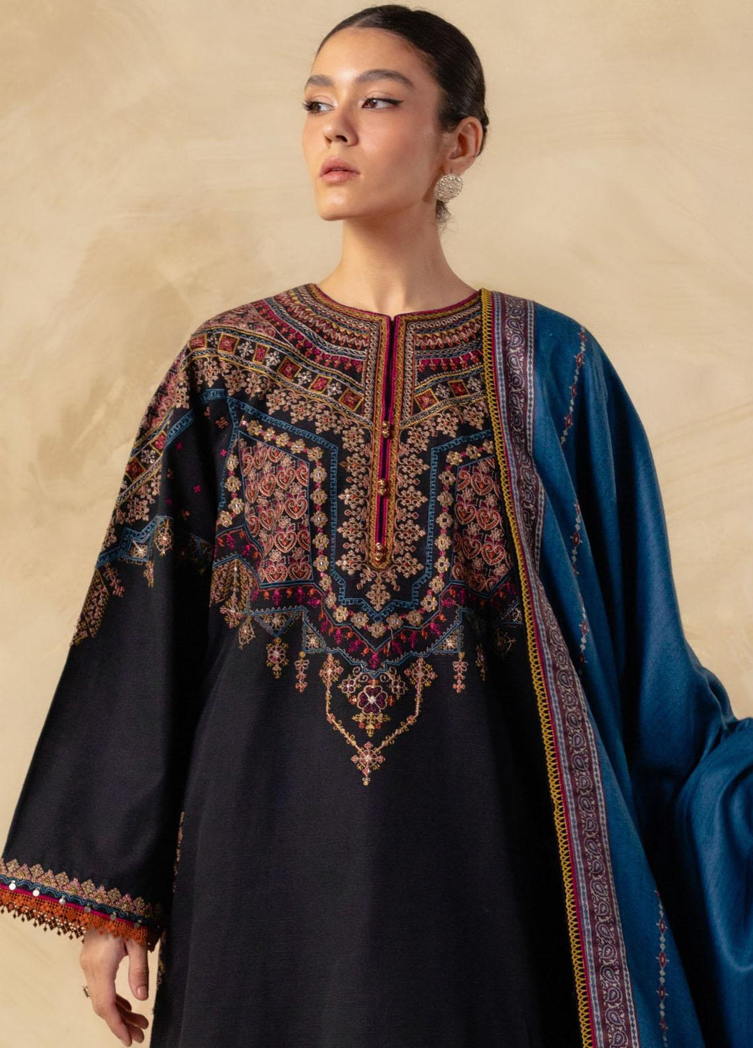 Coco By Zara Shahjahan Embroidered Khaddar Suits Unstitched 3 Piece CZS23W 8B - Winter Collection