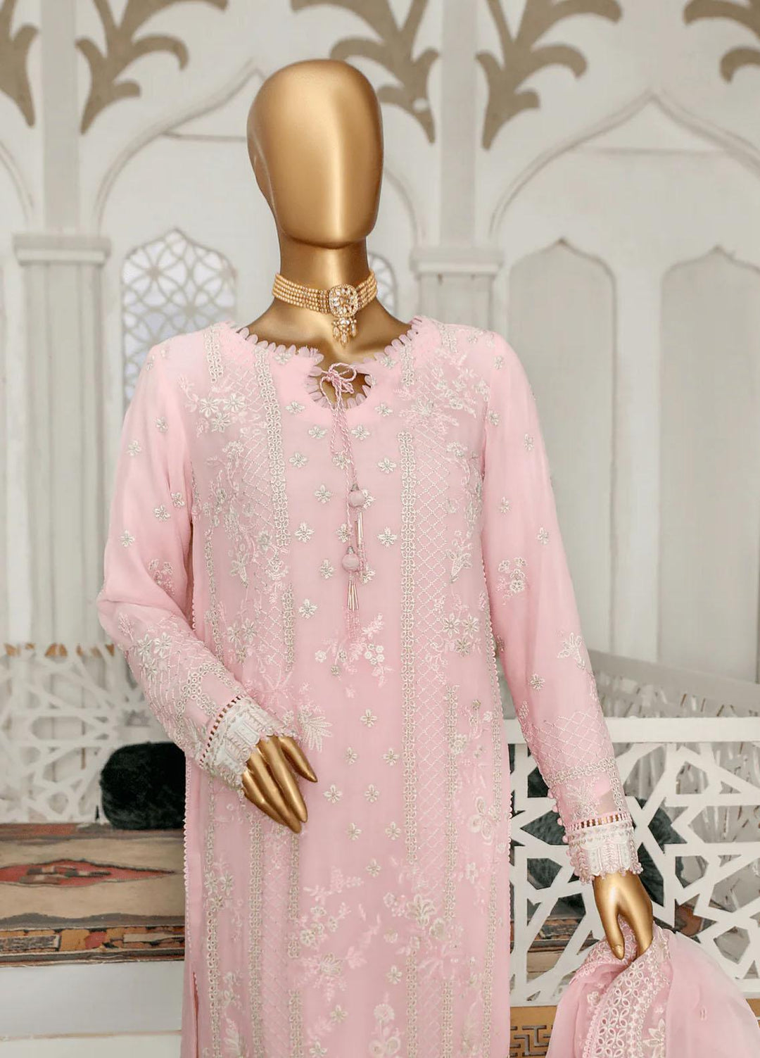 Cortesia By HZ Textiles Embroidered Chiffon Suits Unstitched 3 Piece HZ23C D-05 Carnation - Luxury Collection