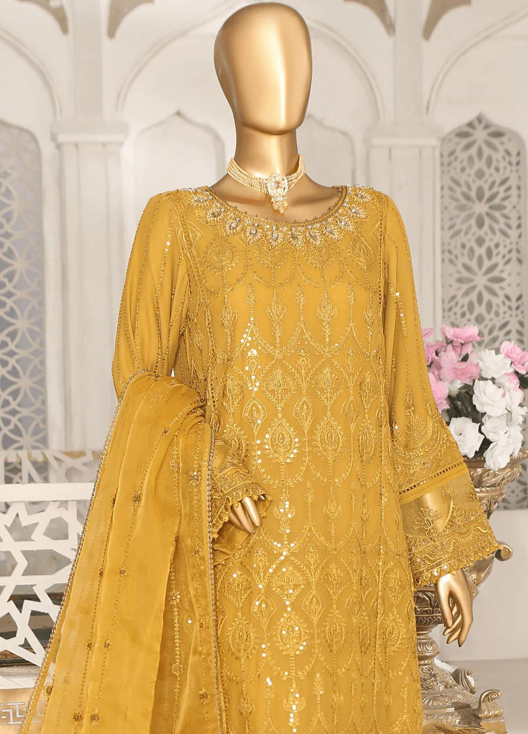 Cortesia By HZ Textiles Embroidered Chiffon Suits Unstitched 3 Piece HZ23C D-06 Golden Glow - Luxury Collection
